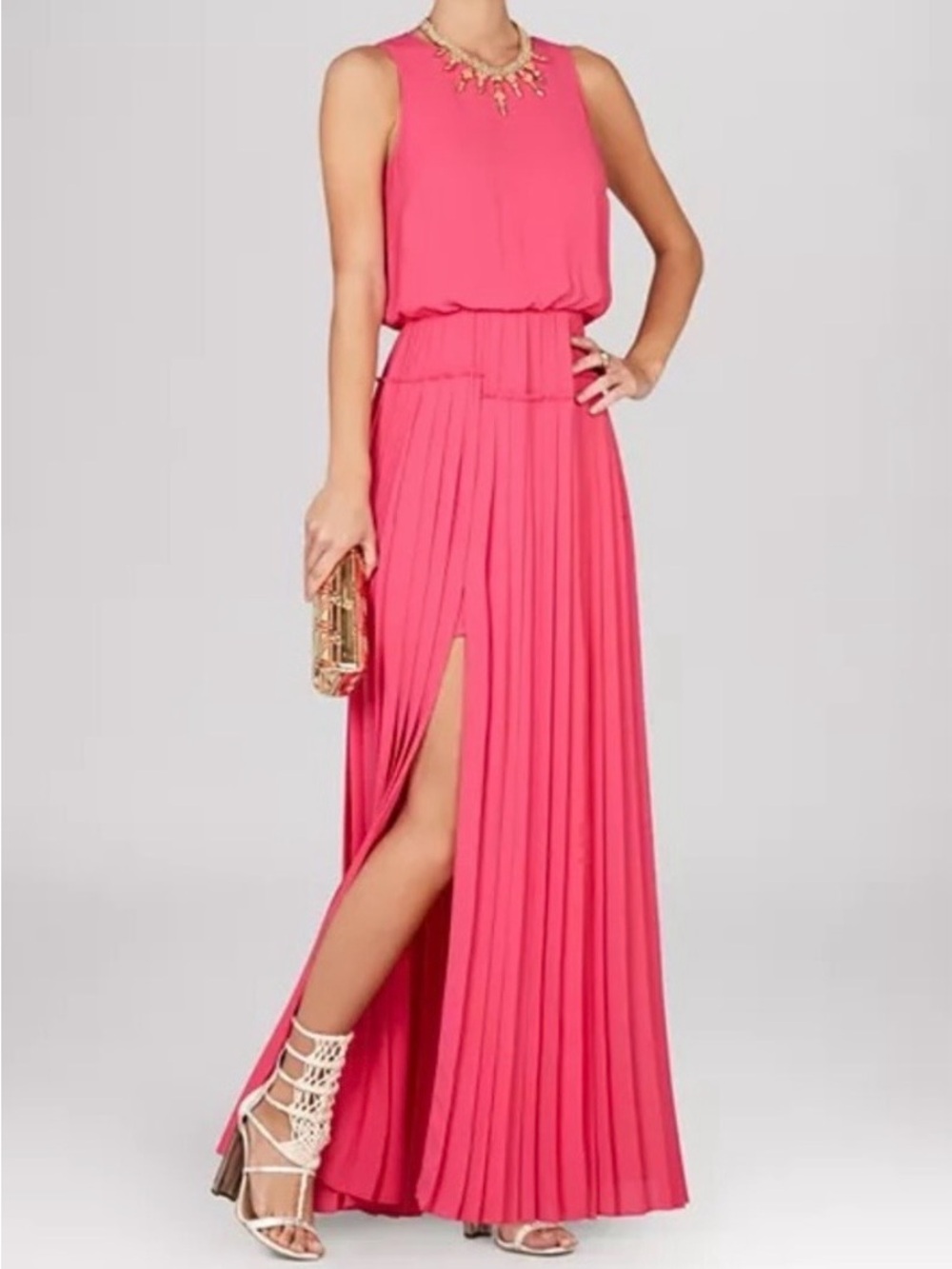 ❤️ BCBGMaxAzria Fuchsia Pleated Maxi Dress with High Side Slit
